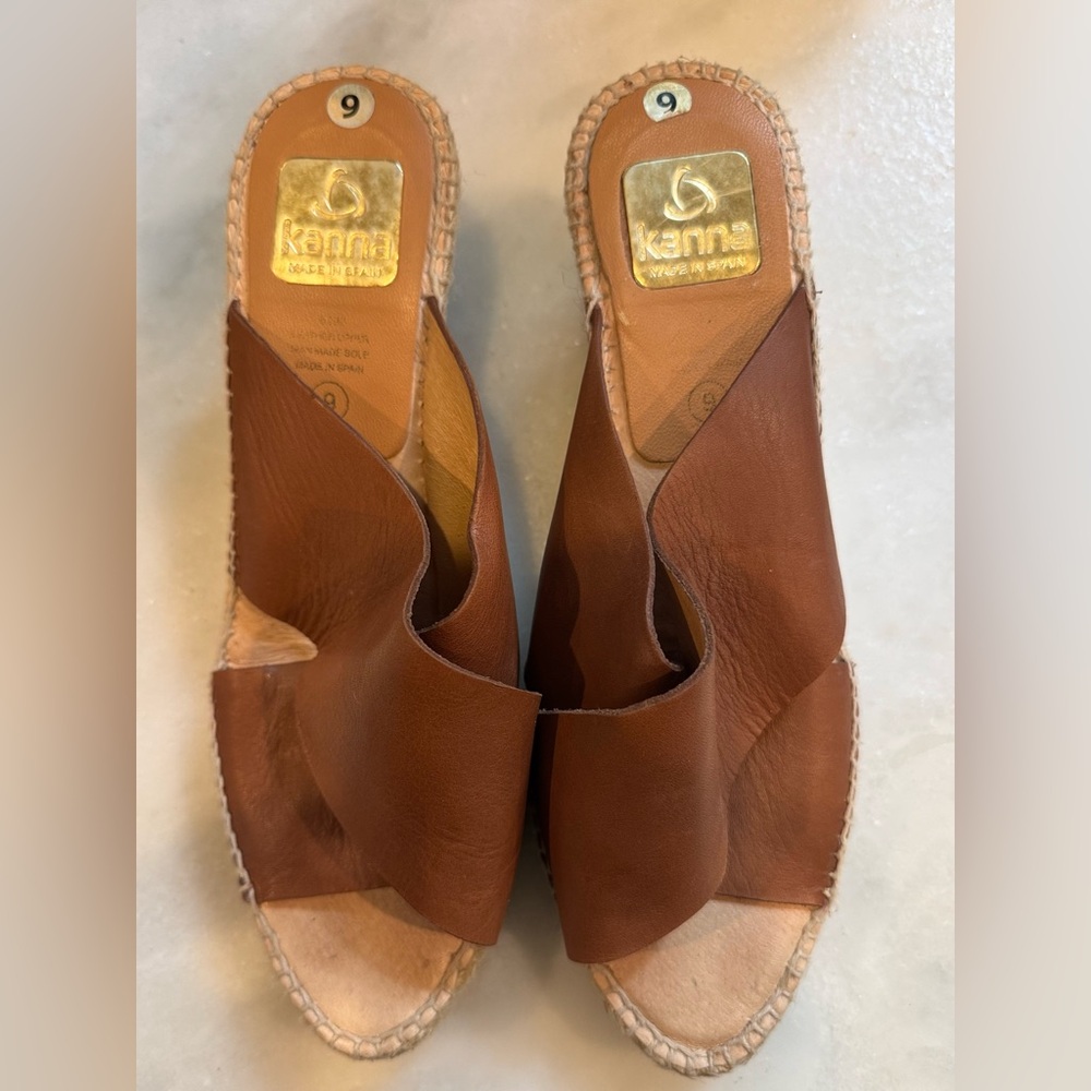 Kanna Brown Leather Wedge Espadrilles Womens Size 9